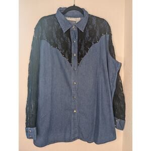 Vintage Adobe Rose Lace Western Cotton Denim Button-Up 3XL